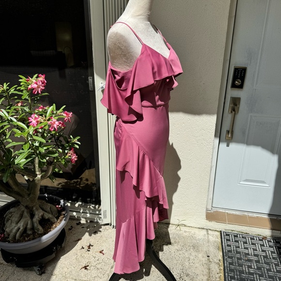 NICOLE MILLER. Pink Spaghetti Strap Ruffle High/Low Gown. S-6. Built in … - Picture 9 of 11